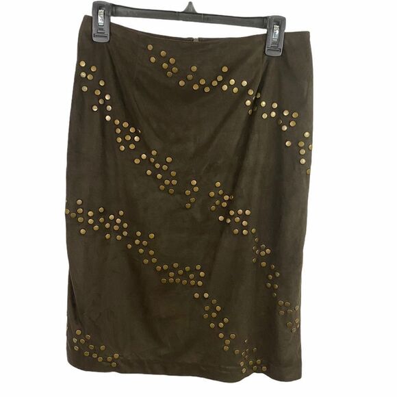 ICE Faux Suede Brown Leather Skirt with Medal Embellishments Size 8 - Picture 1 of 7